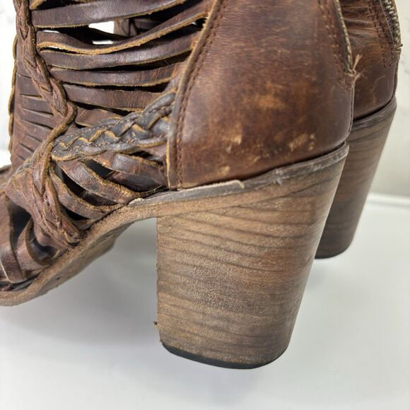 Freebird Booties Heel Bela braided laser cut brown leather Sz 8 Boho Westen - Picture 14 of 16